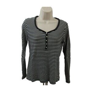 Hanes Style T-Shirt Petite S Striped Black White Long Sleeve Pullover Round Neck